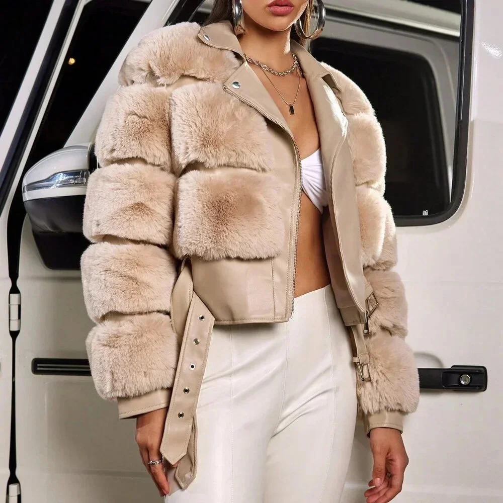 Khaki Casual Women's Faux Fur Spliced Faux Leather Double Belt Slim Warm Jacket - Picture 4 of 7